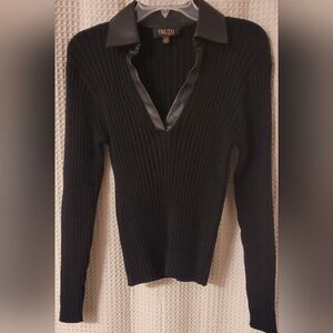 Truth By Republic Leather Trim Viscose Blend Ribbed Fitted Sweater, Size L